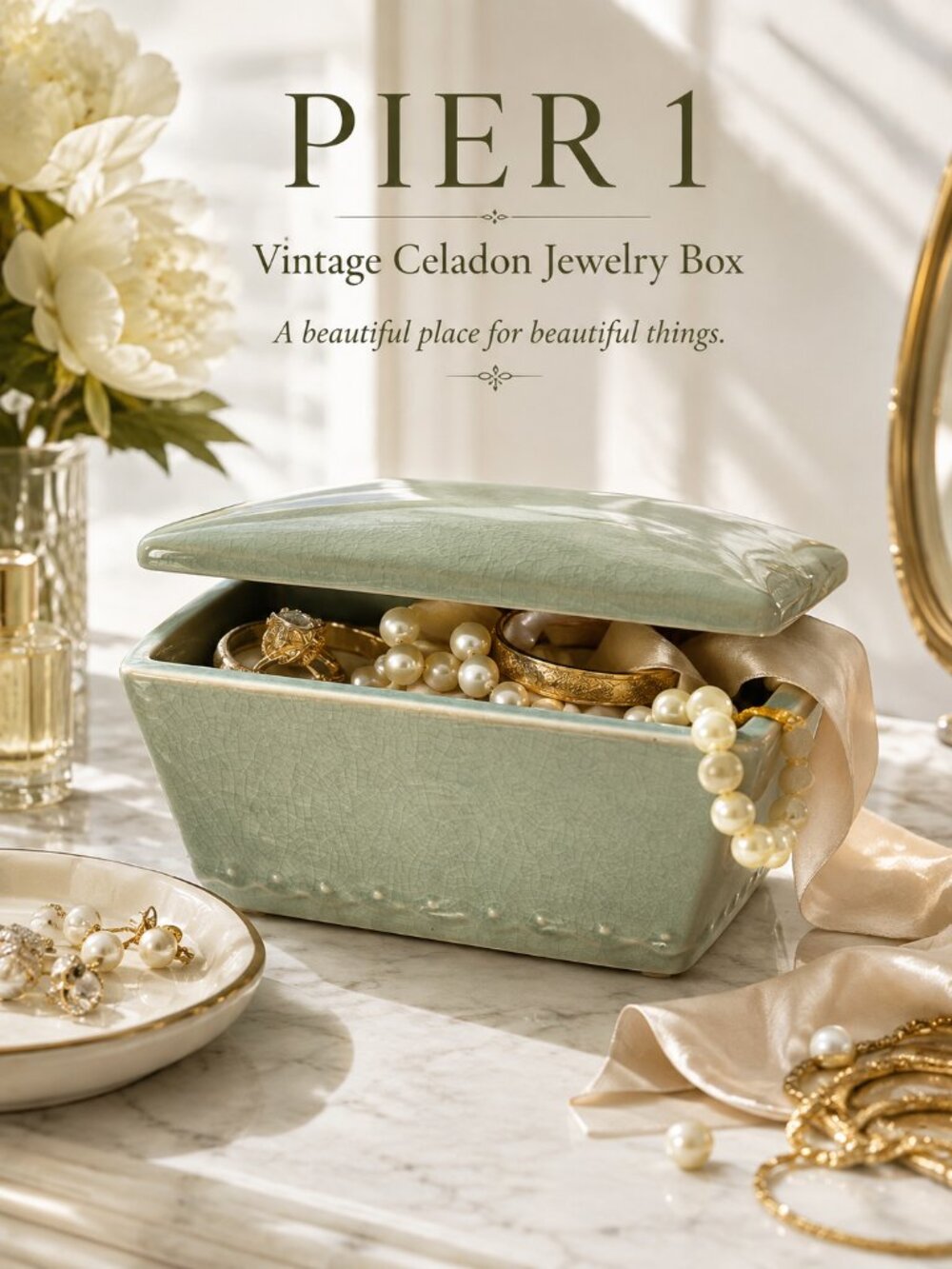 Pier 1 Celadon Crackle Keepsake Box NEW | Ceramic Jewelry Box Quiet Luxury Decor